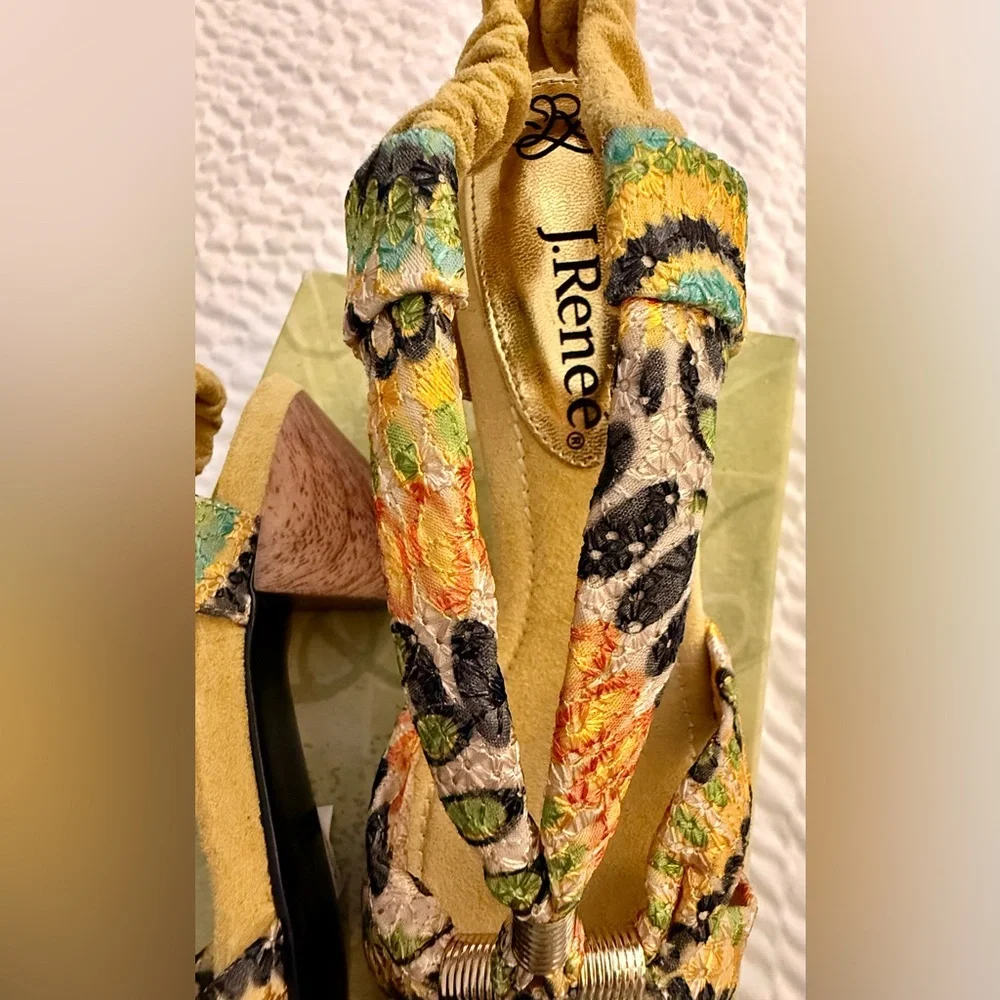 J.Renee Women's Sandals Heels Yolanda Yellow Lime Multi Eyelet Fabric Dressy NWT - Picture 10 of 16